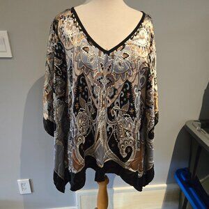 Kaelyn Max Paisley Print Caftan Top | Size Large | Gray & Gold
